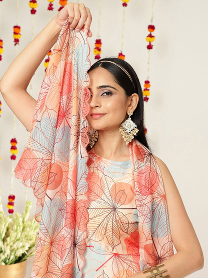 Dhiyona VA Women'sFloral Printed Halter Neck Anarkali Kurta & Trousers With Dupatta