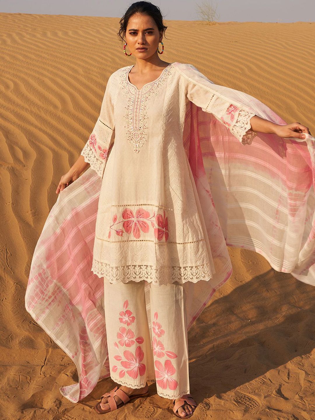 Floral Embroidered Mirror Work Panelled Pure Cotton Kurta With Palazzos & Dupatta