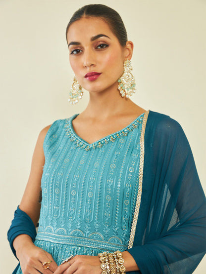 Dhiyona SO Women's Turquoise Blue Floral Embroidered Sequinned Anarkali Kurta With Churidar & Dupatta