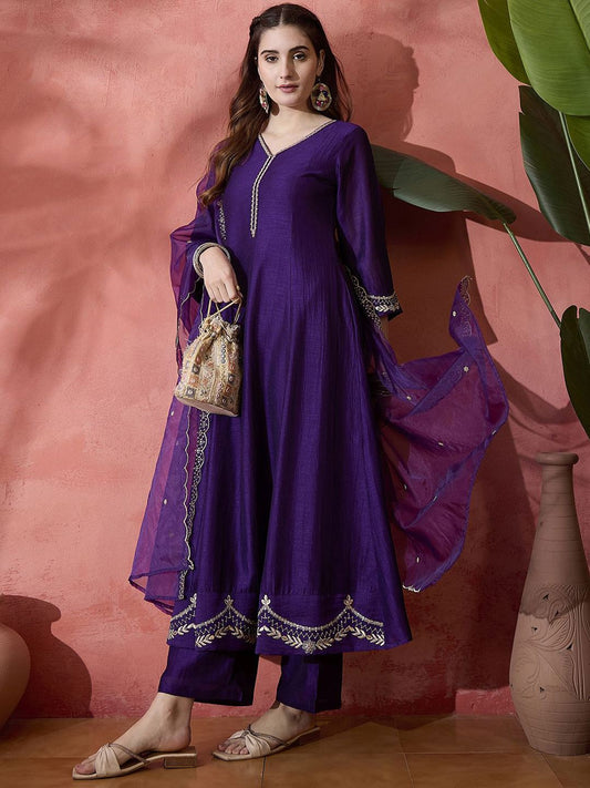 Dhiyona SN Women's Floral Embroidered V-Neck A-Line Kurta With Trousers & Dupatta