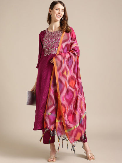 Dhiyona VA Women's Magenta Ethnic Motifs Kurta with Trousers & With Dupatta