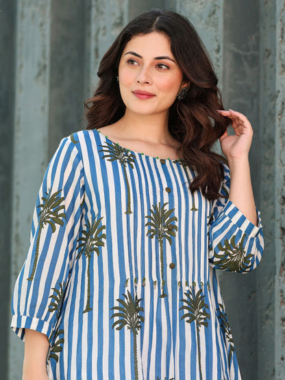 Floral Printed Round Neck Pure Cotton A-Line Kurta With Trousers