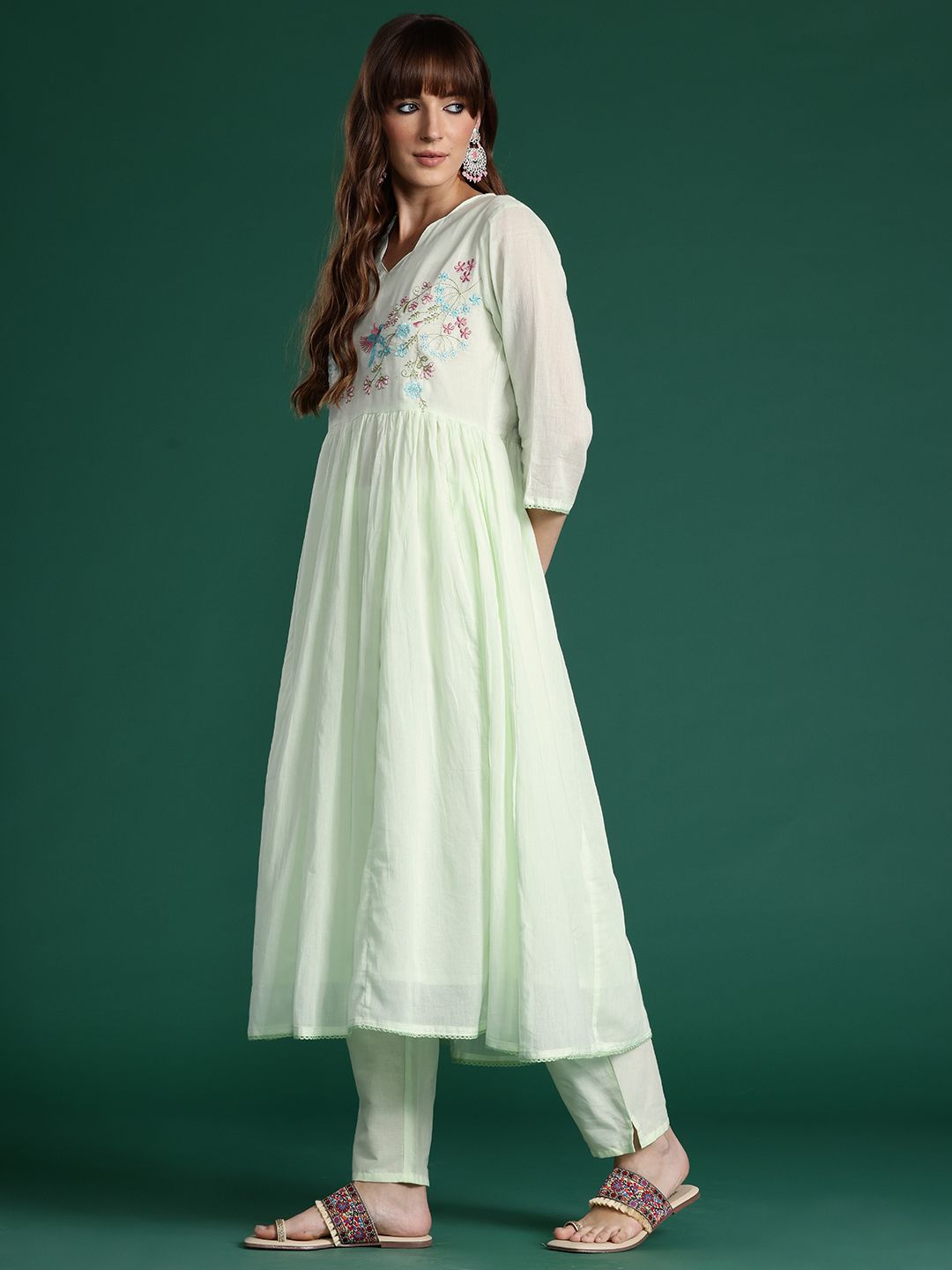 Dhiyona IE Floral Embroidered Pleated Thread Work Pure Cotton Kurta with Trousers & Dupatta