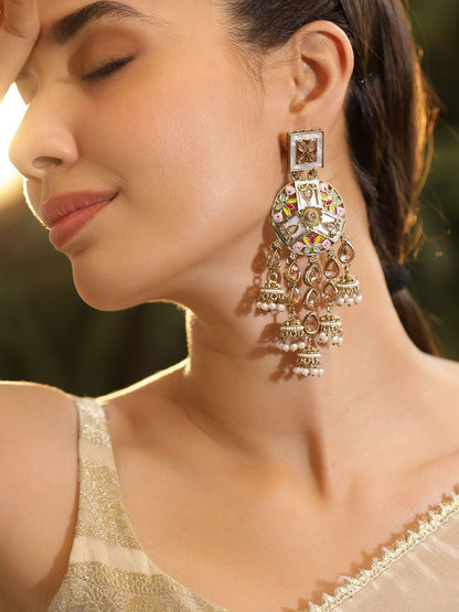 Dhiyona RJ Women's 22K Gold-Plated Multicolour Enamel & Kundan Studded Long Jhumka Dangler Earrings