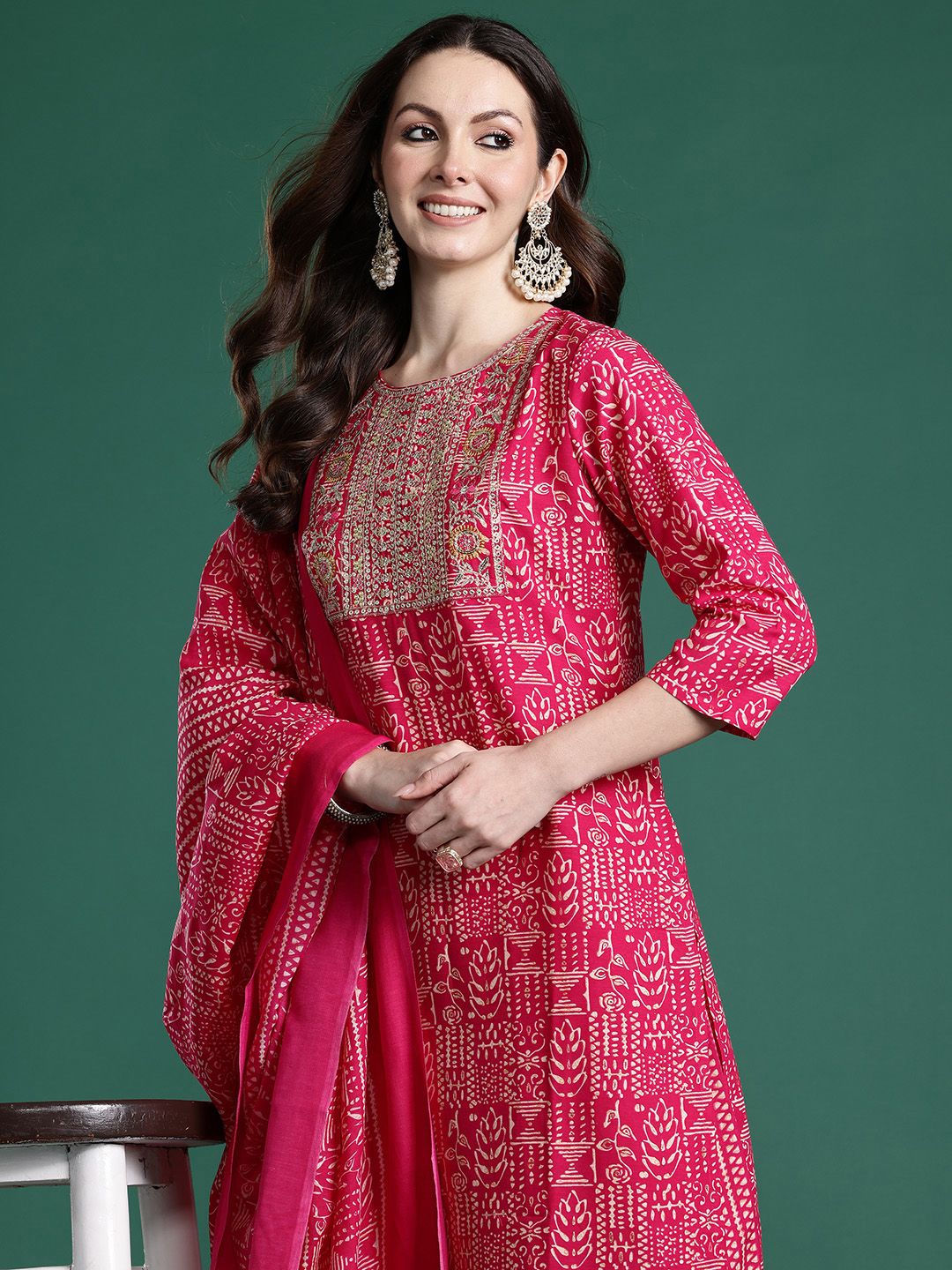 Dhiyona IE Ethnic Motifs Printed Sequinned Pure Cotton Kurta with Trousers & With Dupatta