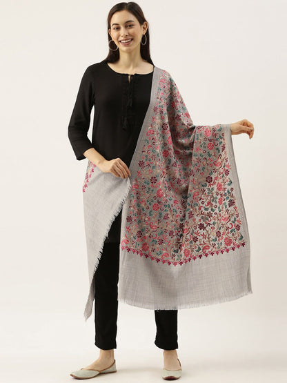 Dhiyona PA Women Grey & Green Embroidered Pure Wool Shawl