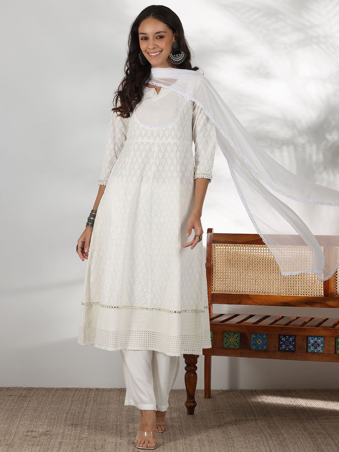 Dhiyona LB Women's Embroidered Mirror Work Pure Cotton Anarkali Kurta With Palazzo & Dupatta