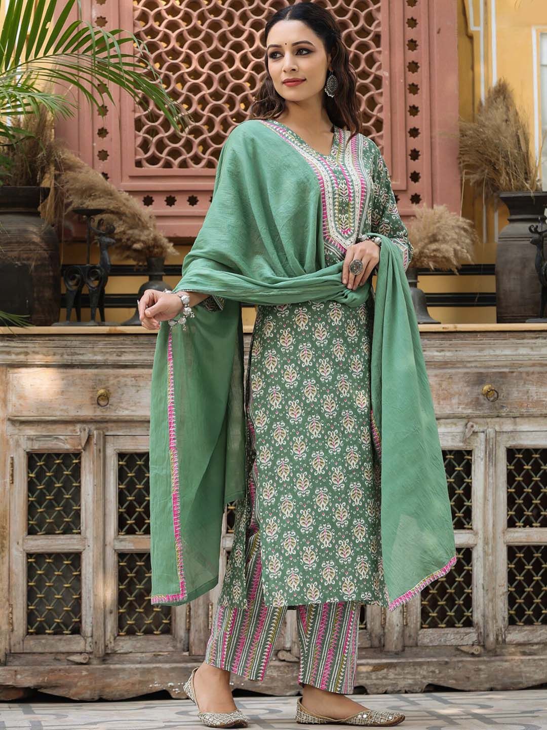 Dhiyona RR Women's Ethnic Motifs Printed Pure Cotton Kurta With Trousers & Dupatta