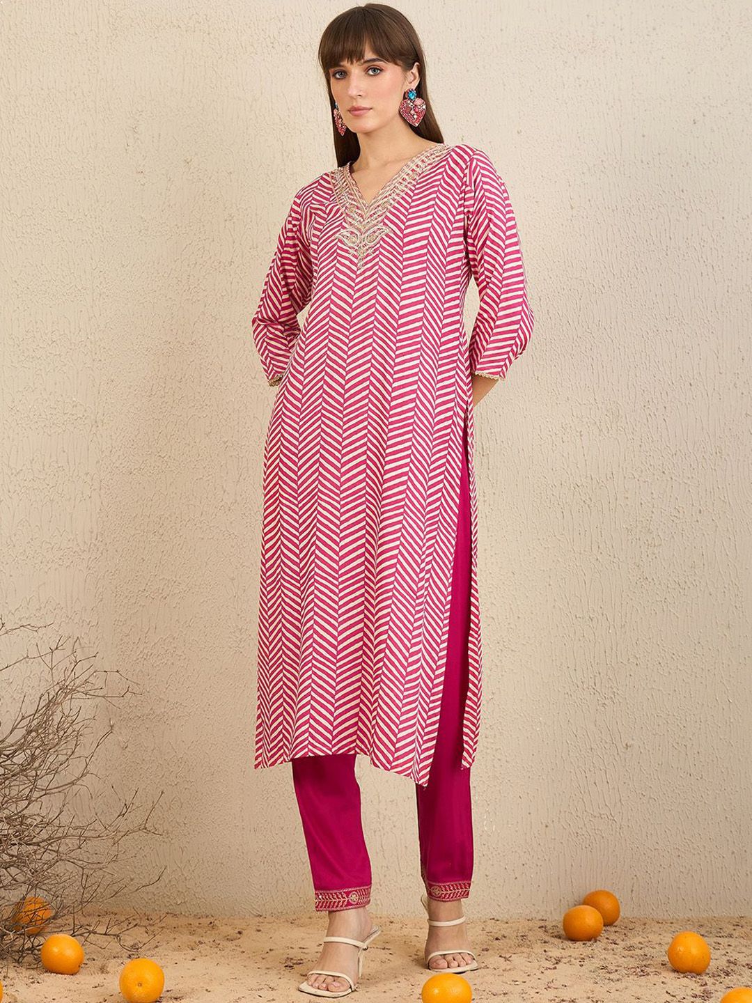 Chevron Printed Pure Cotton Straight Kurta With Trousers & Dupatta