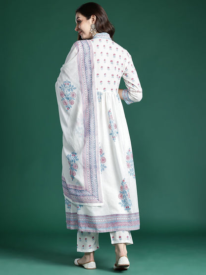 Dhiyona IE Floral Printed Pure Cotton Kurta with Trousers & Dupatta