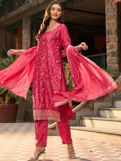 Dhiyona IE Floral Embroidered Regular Thread Work Straight Kurta with Trousers & Dupatta