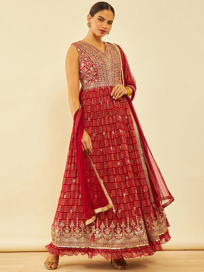 Dhiyona SO Women's Maroon Bandhani Printed Thread Work Georgette Anarkali Kurta & Churidar With dupatta