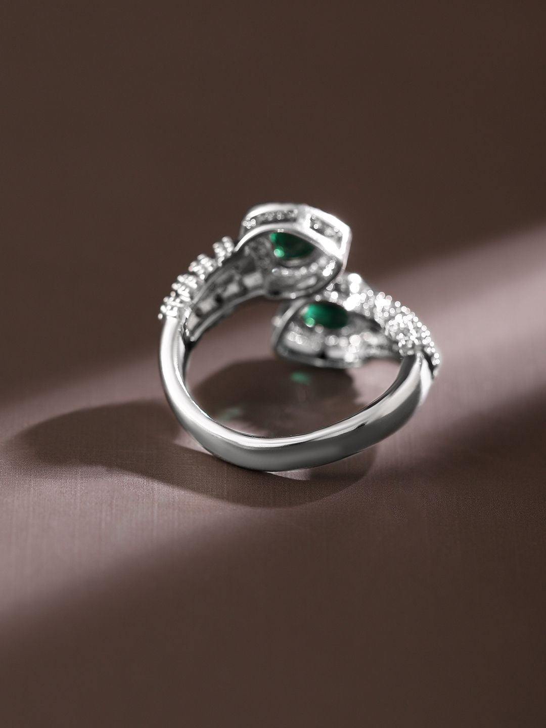 Dhiyona RJ Women's Rhodium Plated Emerald & Cubic Zirconia Studded Demi Fine Heart Motif Openable Ring