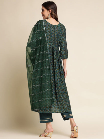 Dhiyona IS Women's Printed Green Empire Gotta Patti Pure Cotton Kurta with Trousers & Dupatta