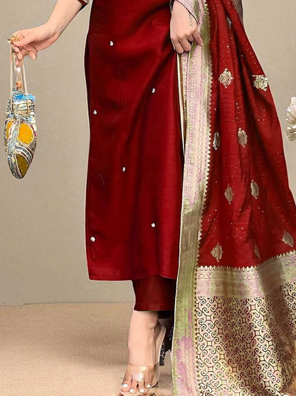 Dhiyona SN Women's Floral Embroidered Cotton Kurta with Trousers & Dupatta