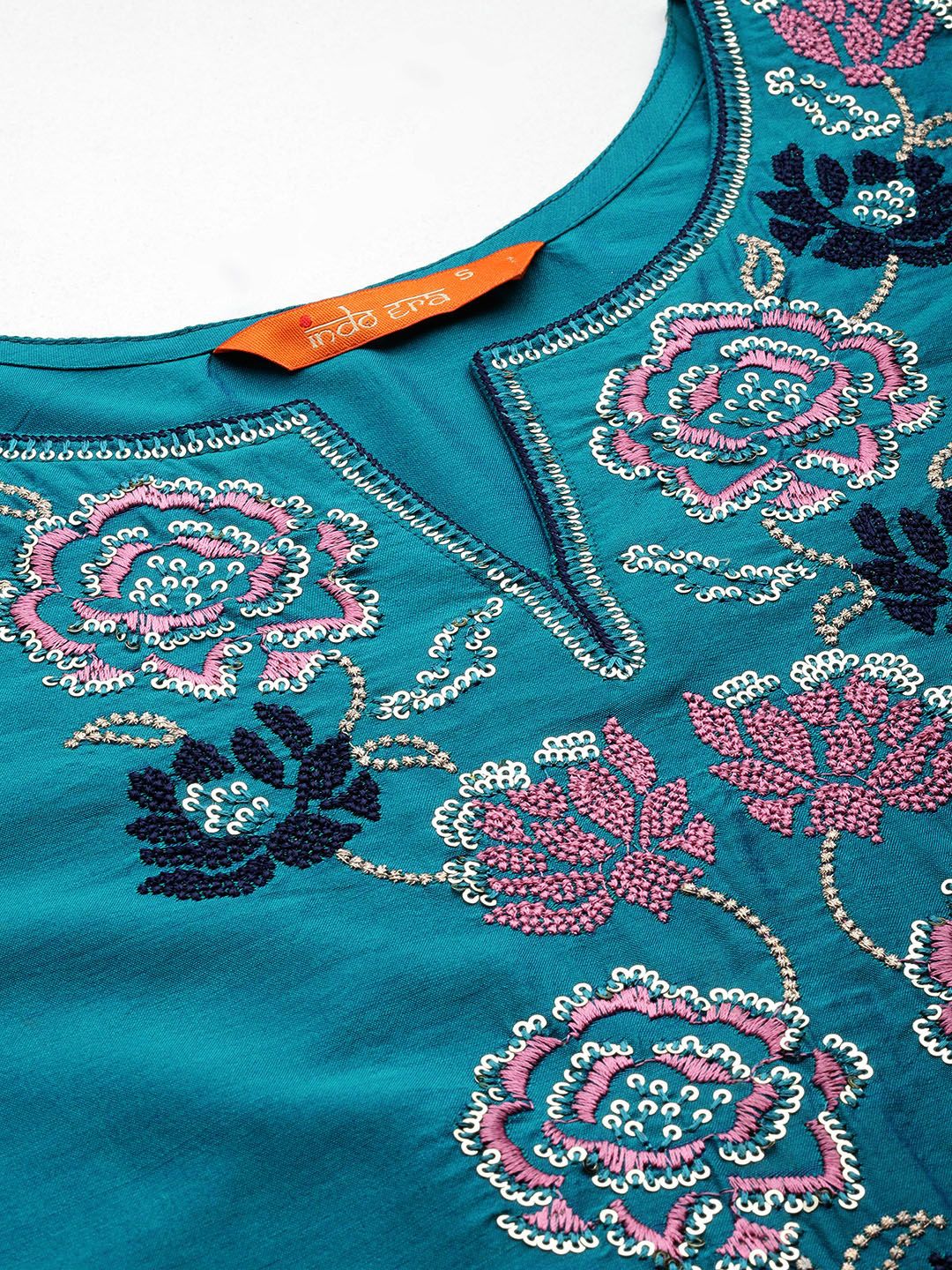 Dhiyona IE Women Teal Floral Embroidered Regular Thread Work Kurta with Trousers & With Dupatta