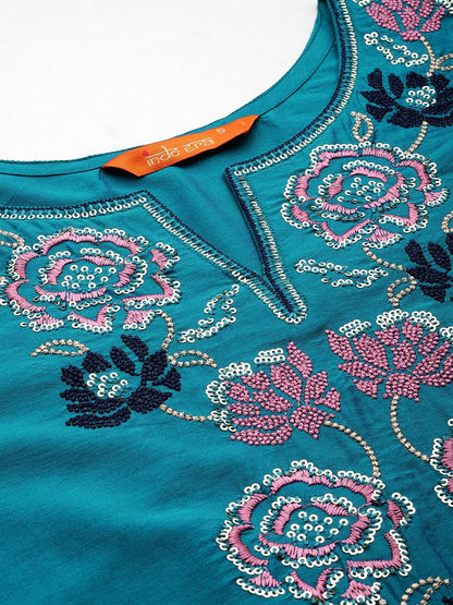 Dhiyona IE Women Teal Floral Embroidered Regular Thread Work Kurta with Trousers & With Dupatta