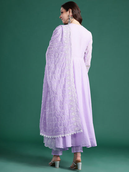 Ethnic Motifs Embroidered Thread Work Pure Cotton Kurta With Trousers & Dupatta