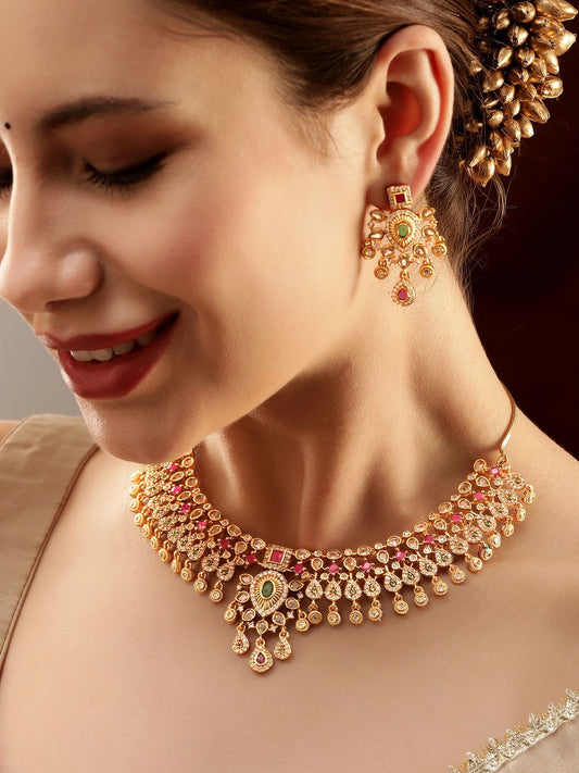 Dhiyona RJ Women's 22K Gold-Plated Brass Emerald Ruby Pink Kundan & CZ Stone Traditional Necklace Set
