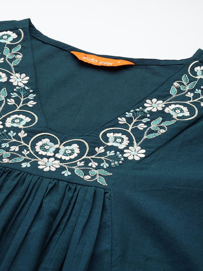 Dhiyona IE Floral Embroidered Pleated Thread Work Pure Cotton Kurta with Trousers