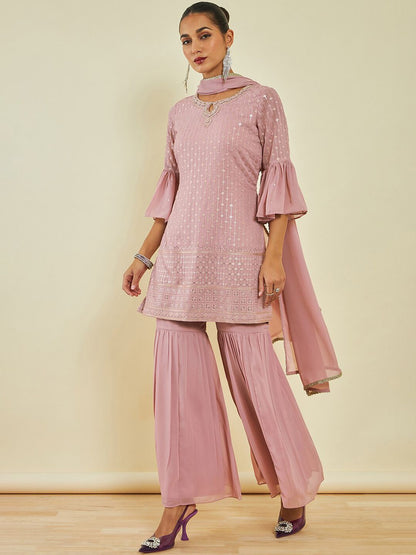 Dhiyona SO Women's Sequin Embellished Kurta with Sharara & Dupatta