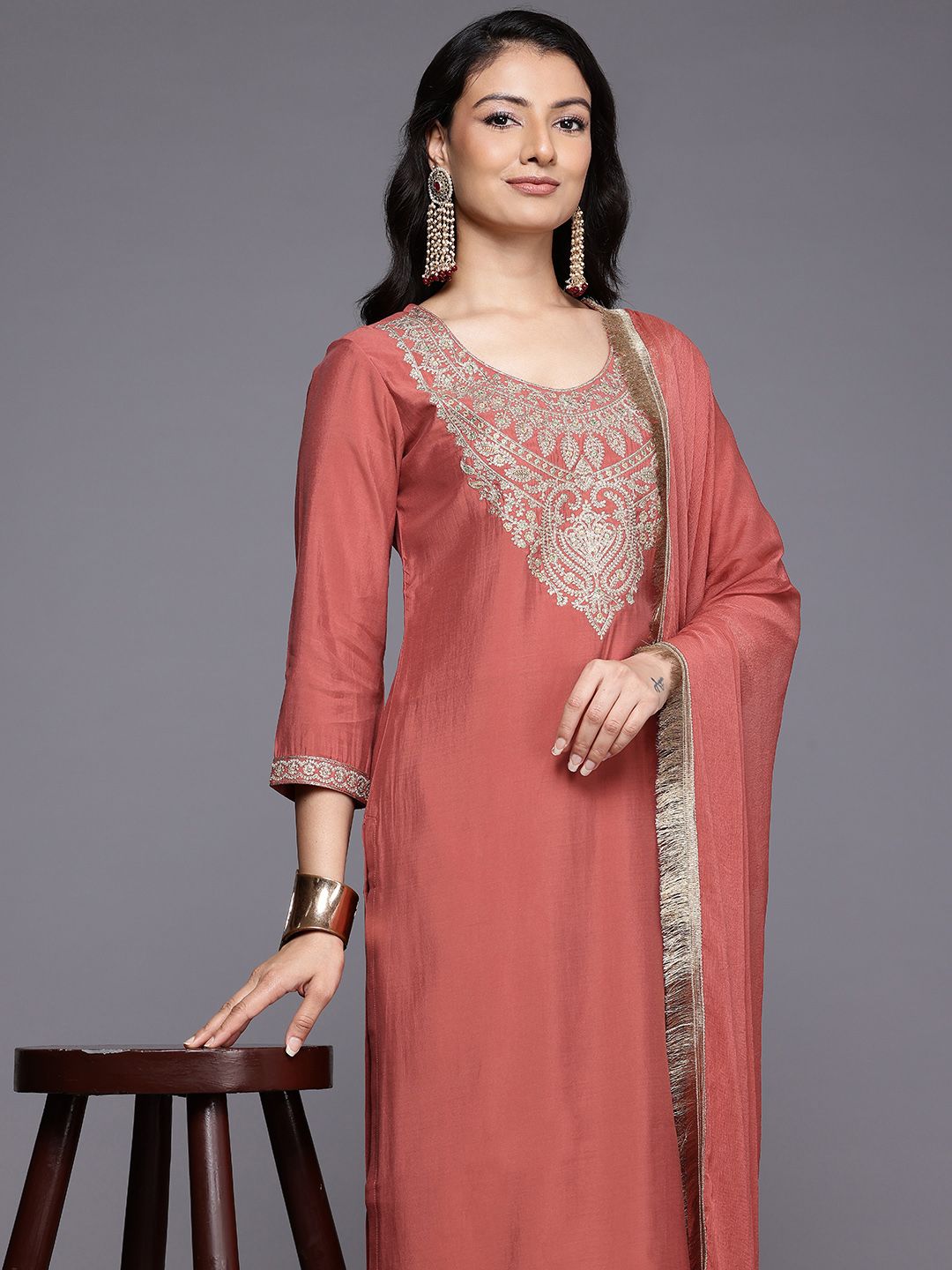 Dhiyona VA Women'sEthnic Motifs Yoke Design Zari Kurta With Palazzos & Dupatta