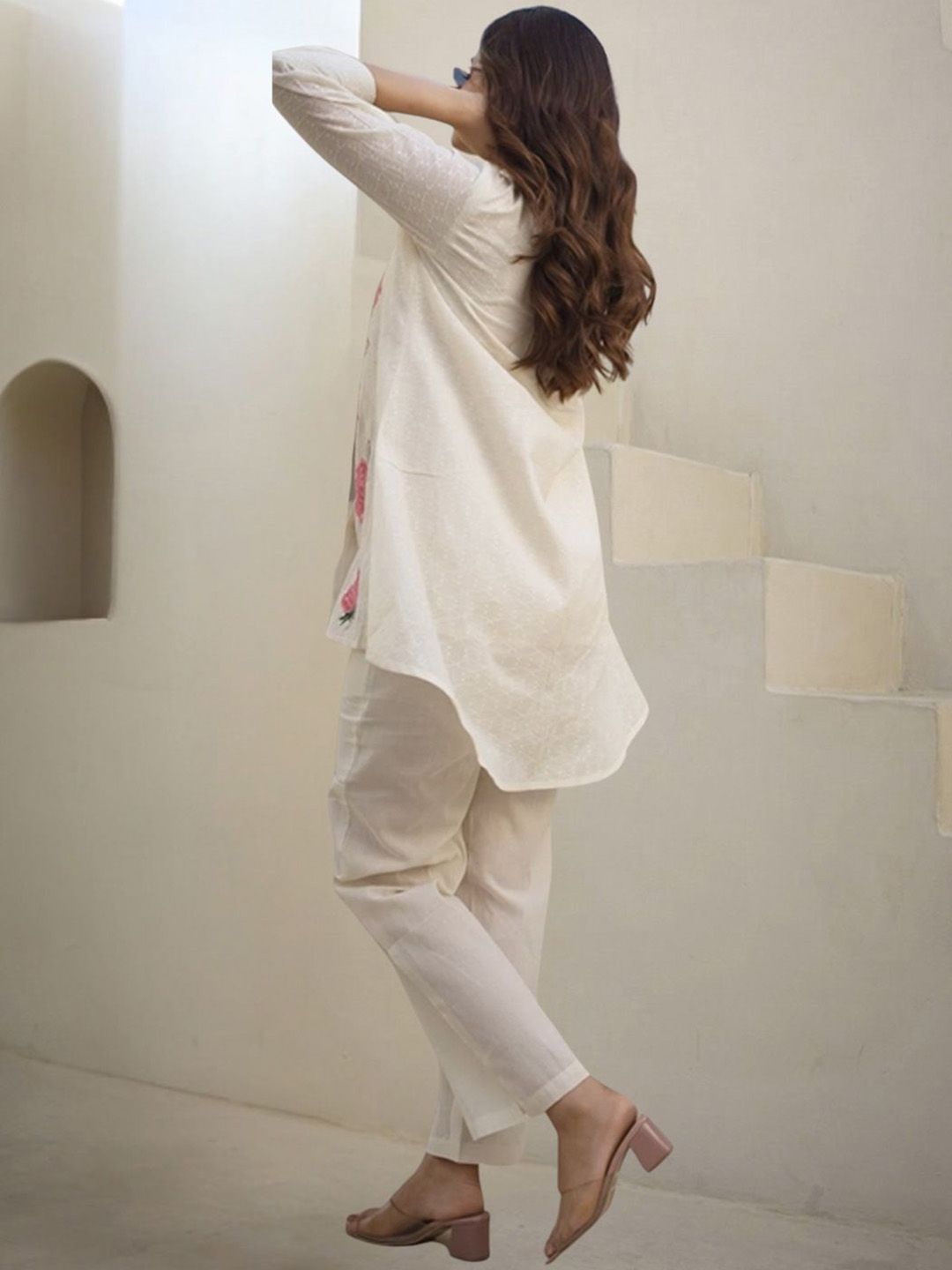 Dhiyona IE Floral Embroidered Thread Work Pure Cotton A-Line Kurta With Trousers