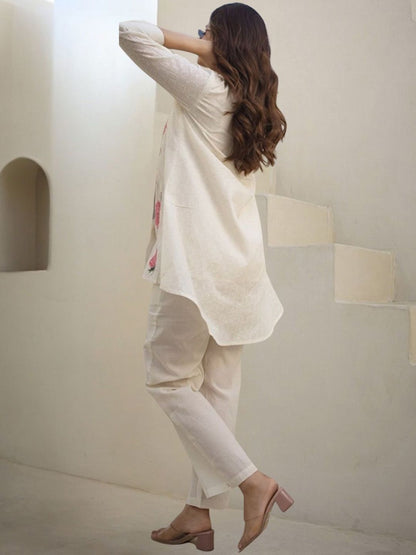 Dhiyona IE Floral Embroidered Thread Work Pure Cotton A-Line Kurta With Trousers