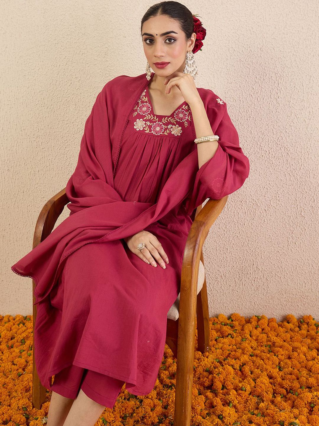 Women Regular Sequinned Pure Cotton Kurta with Trousers & Dupatta