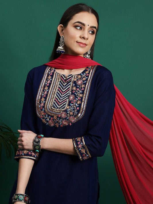 Dhiyona SN Women's Yoke Design Embroidered Pure Cotton Straight Kurta With Trousers & Dupatta