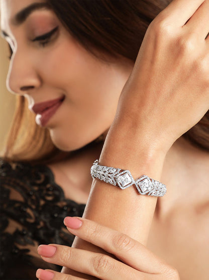 Dhiyona RJ Women's Women Rhodium-Plated Cubic Zirconia Studded Bangle-Style Bracelet