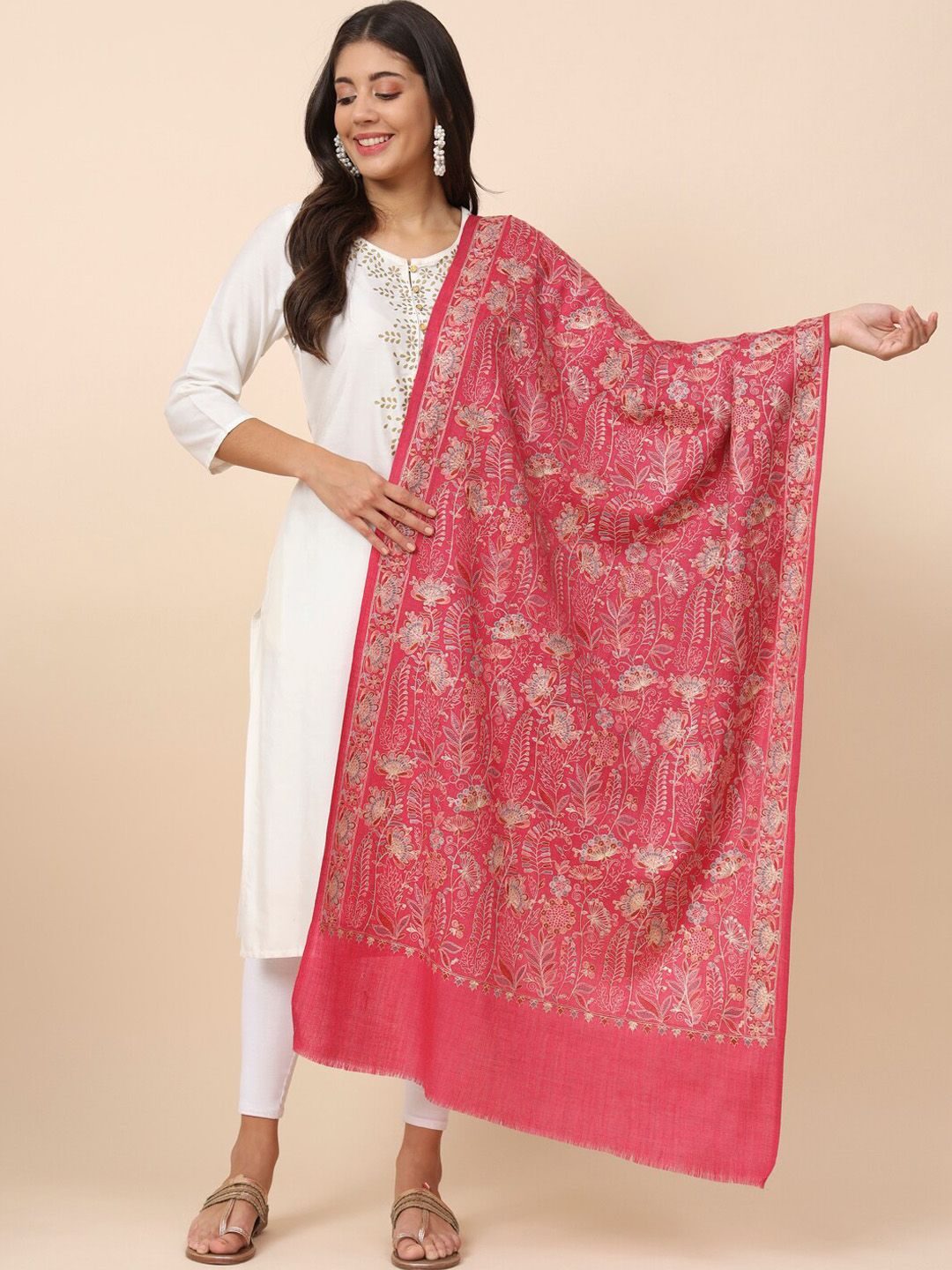 Dhiyona PA Women Floral Embroidered Pure Woollen Shawl