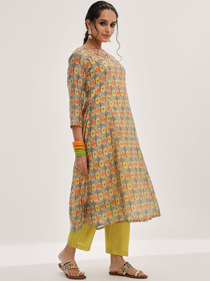 Dhiyona VA Women's Lime Green Ethnic Motifs Printed Mirror Work Kurta with Trousers & With Dupatta
