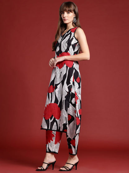 Dhiyona IE Floral Printed Lace Detailed Pure Cotton Kurta with Trousers