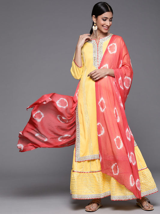 Dhiyona VA Women's Yellow Gotta Patti Pure Cotton Kurta with Sharara & With Dupatta