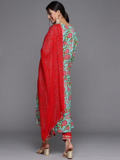 Dhiyona VA Women's Blue & Pink Kalamkari Printed Anarkali Kurta with Trousers & Dupatta