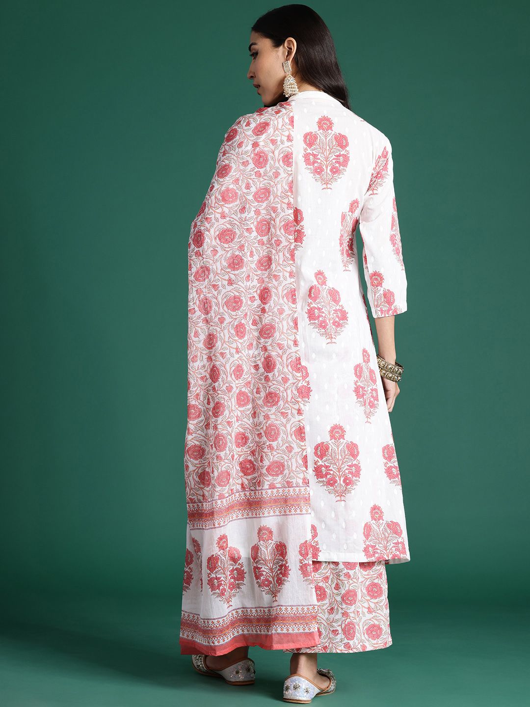 Ethnic Motifs Printed Pleated Sequinned Pure Cotton Kurta With Palazzos & Dupatta