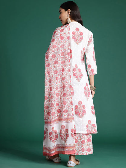 Ethnic Motifs Printed Pleated Sequinned Pure Cotton Kurta With Palazzos & Dupatta