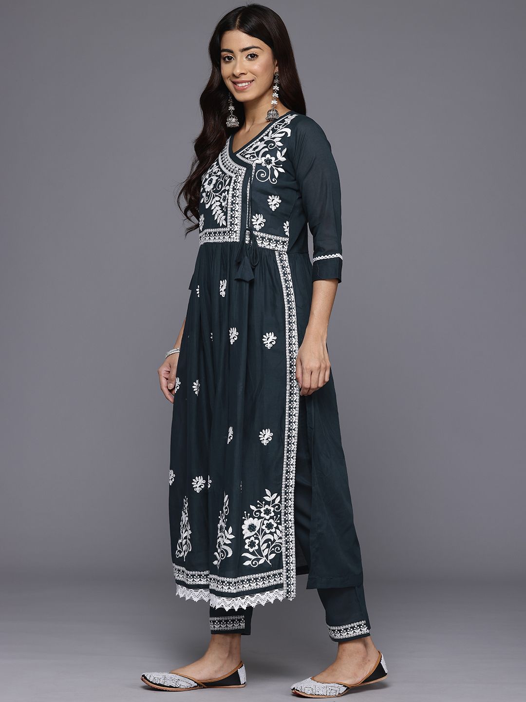 Dhiyona VA Women's Floral Embroidered Angrakha Kurta with Trousers & With Dupatta
