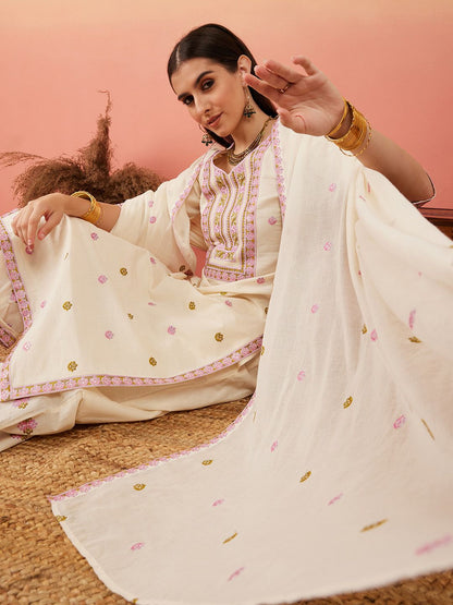 Dhiyona SN Women's Floral Embroidered Pure Cotton Straight Kurta With Palazzo & Dupatta