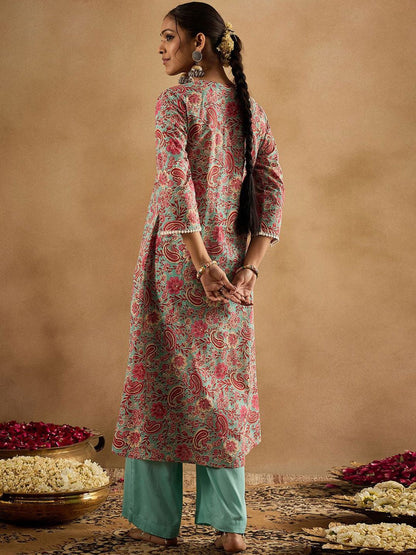 Dhiyona IE Paisley Printed V-Neck Pure Cotton A-Line Kurta