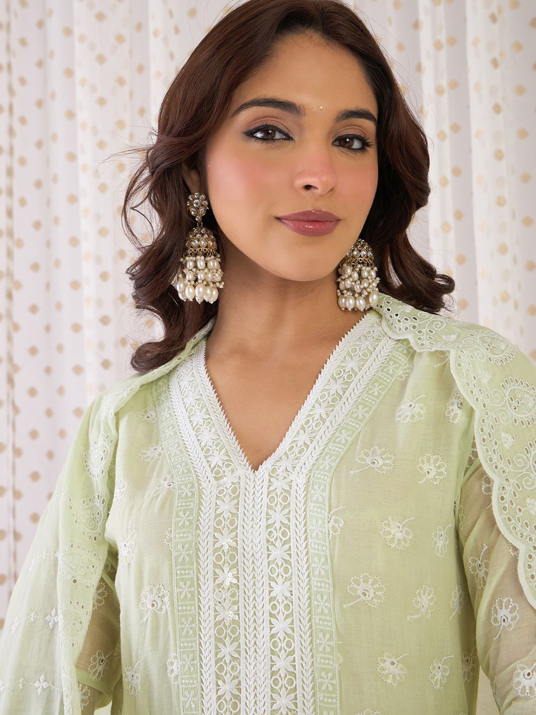 Dhiyona IE Floral Embroidered Thread Work Pure Cotton Anarkali Kurta With Trousers & Dupatta