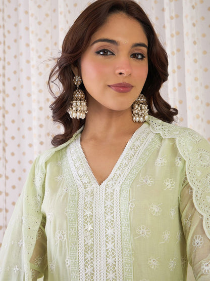 Dhiyona IE Floral Embroidered Thread Work Pure Cotton Anarkali Kurta With Trousers & Dupatta