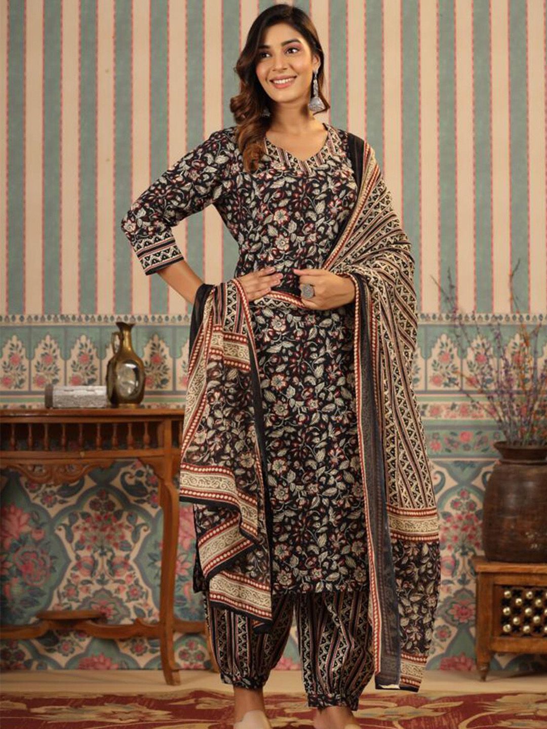 Dhiyona IS Women's Kalamkari Embellished Cotton Kurta with Afghani Pants & Flowy Mulmul Dupatta