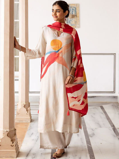 Dhiyona IS Women's Floral Printed Notch Neck Beads And Stones Straight Kurta With Palazzos And Dupatta