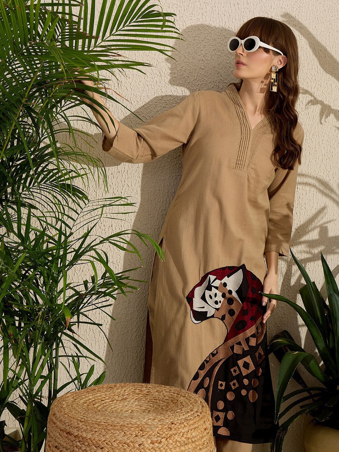 Adults-Women Woven Design Embroidered Cotton Kurta with Palazzos