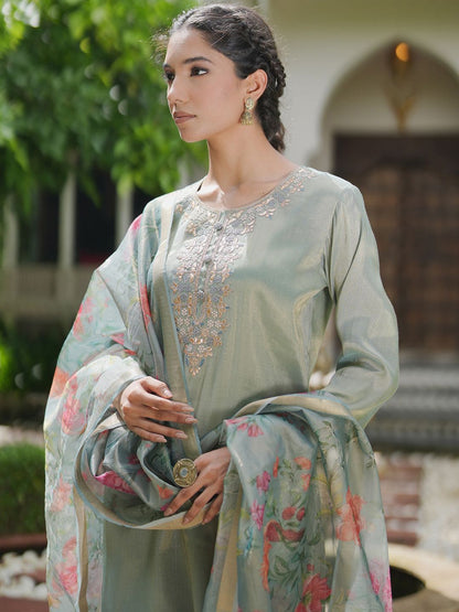 Women Ethnic Motifs Embroidered Thread Work Kurta Trousers With Printed Dupatta