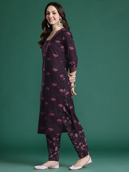Floral Printed Beads & Stones Pure Cotton Kurta with Trousers