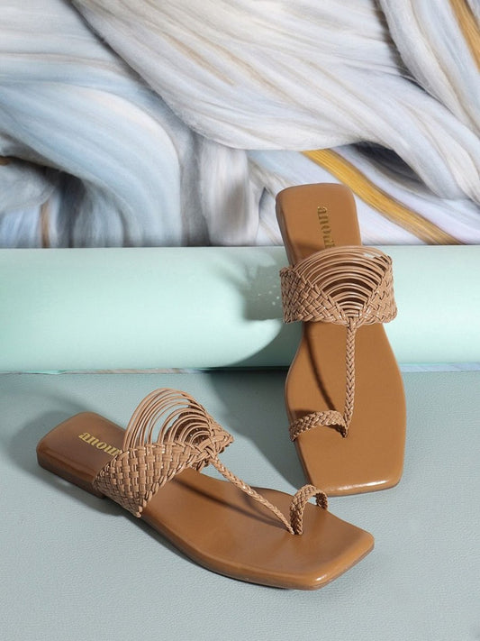 Dhiyona AK Beige Textured Open Toe Flats