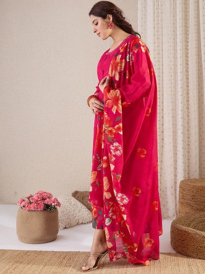 Women Floral Printed Regular Pure Cotton Kurta with Trousers & Dupatta